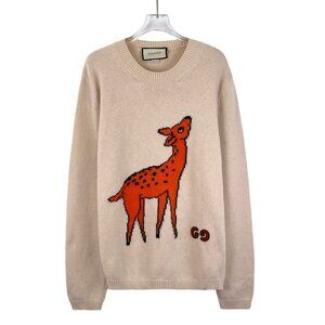 Gucci Beige Deer Inset Wool Knitted Sweater M Made In Italy Long-Sleeve Round Ne